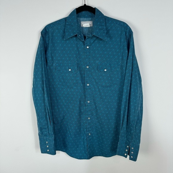 Wrangler Pearl Snap Blue Teal Geometric Long Sleeve Button Down Western Rodeo - Picture 1 of 4